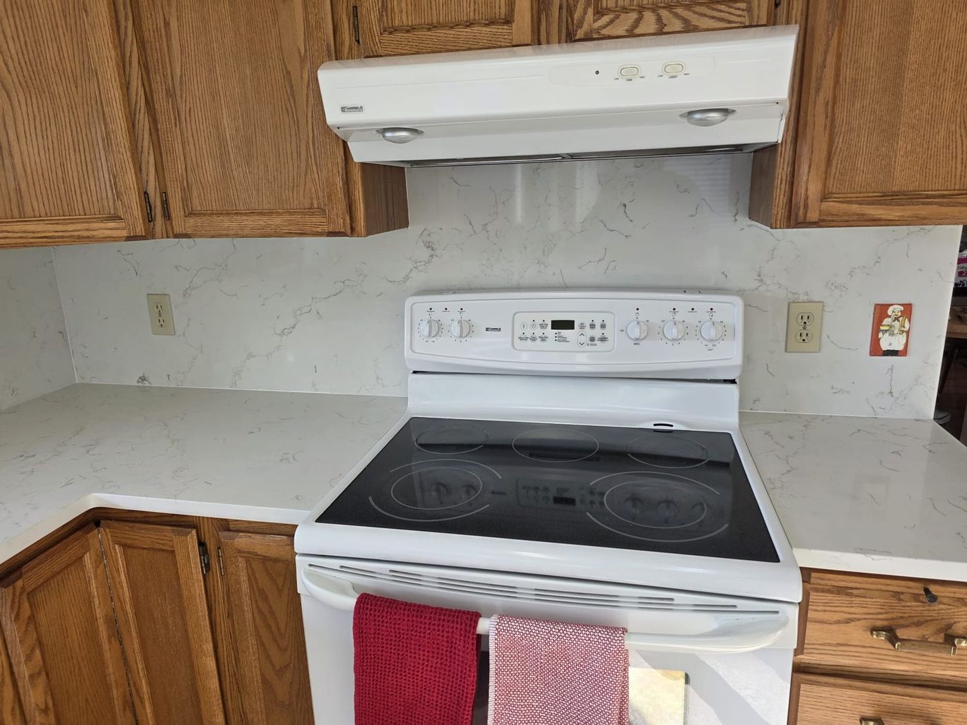 Quartz backsplash behind the range in a Kelowna kitchen